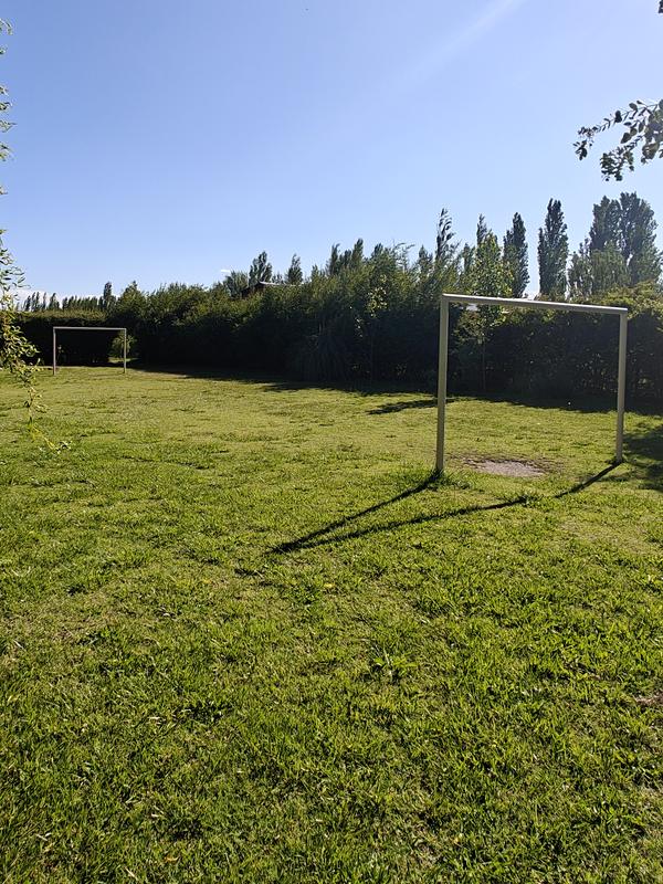 Cancha de fútbol de césped con arcos rodeada de árboles